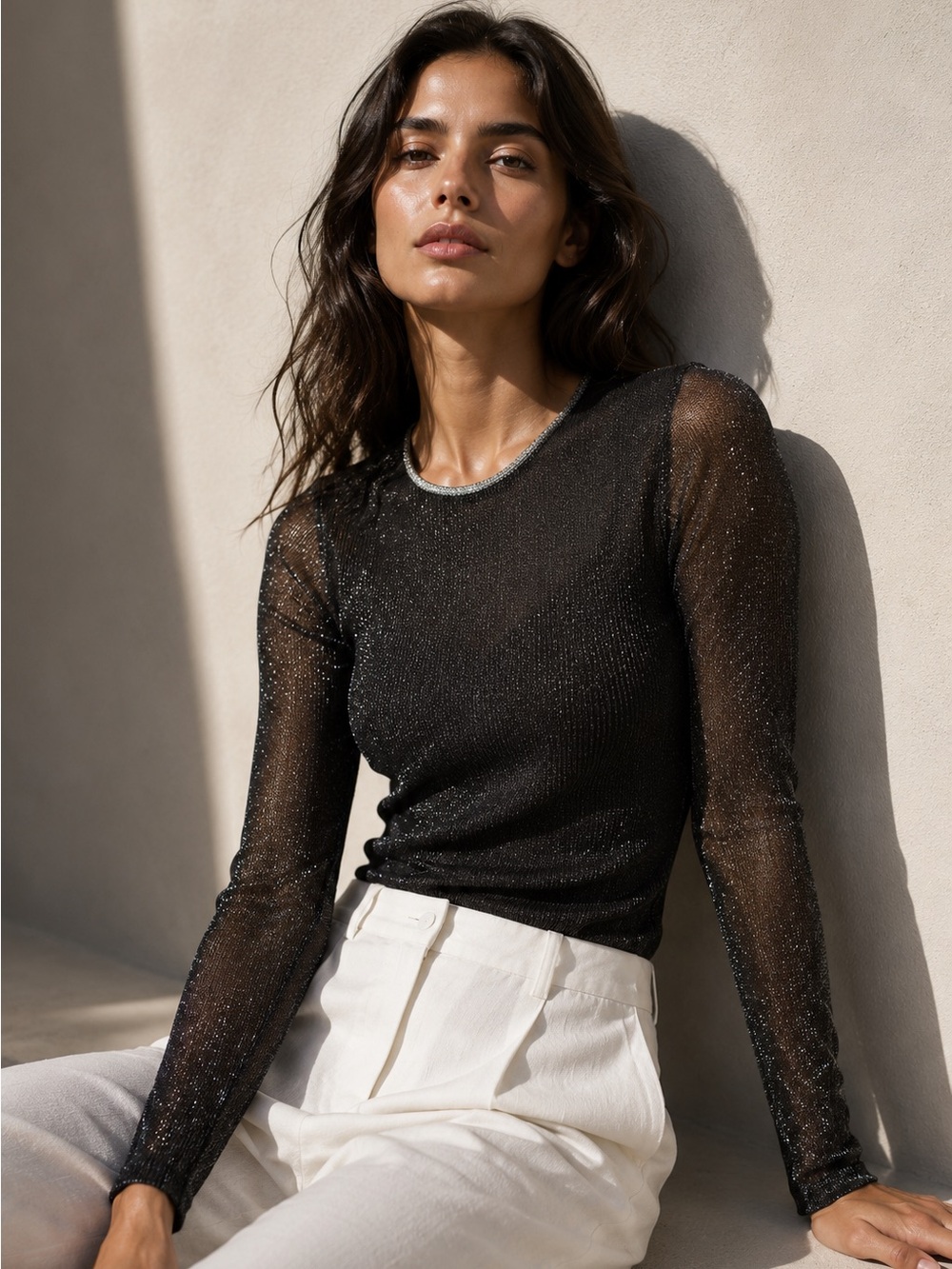 NWT AllSaints Nora Sparkle Top Black Shimmer Metallic Mesh Sleeve Knit US 4